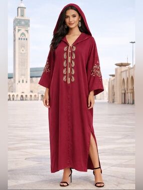 Moroccan Djellaba Hooded Satin Maxi Dress Embroidered Luxury .